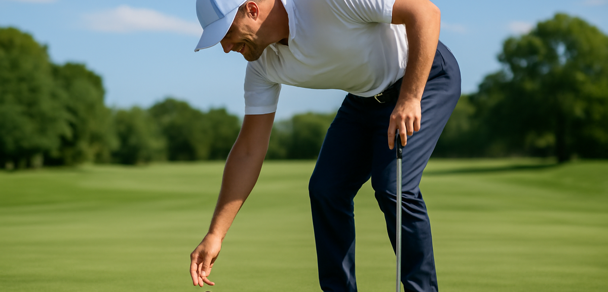 A golfer demonstrating proper ball drop technique at knee height on a golf course, clear instruction