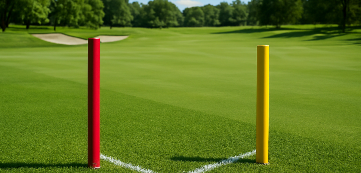 Comparison diagram of red and yellow penalty area stakes on a golf course, showing the difference be