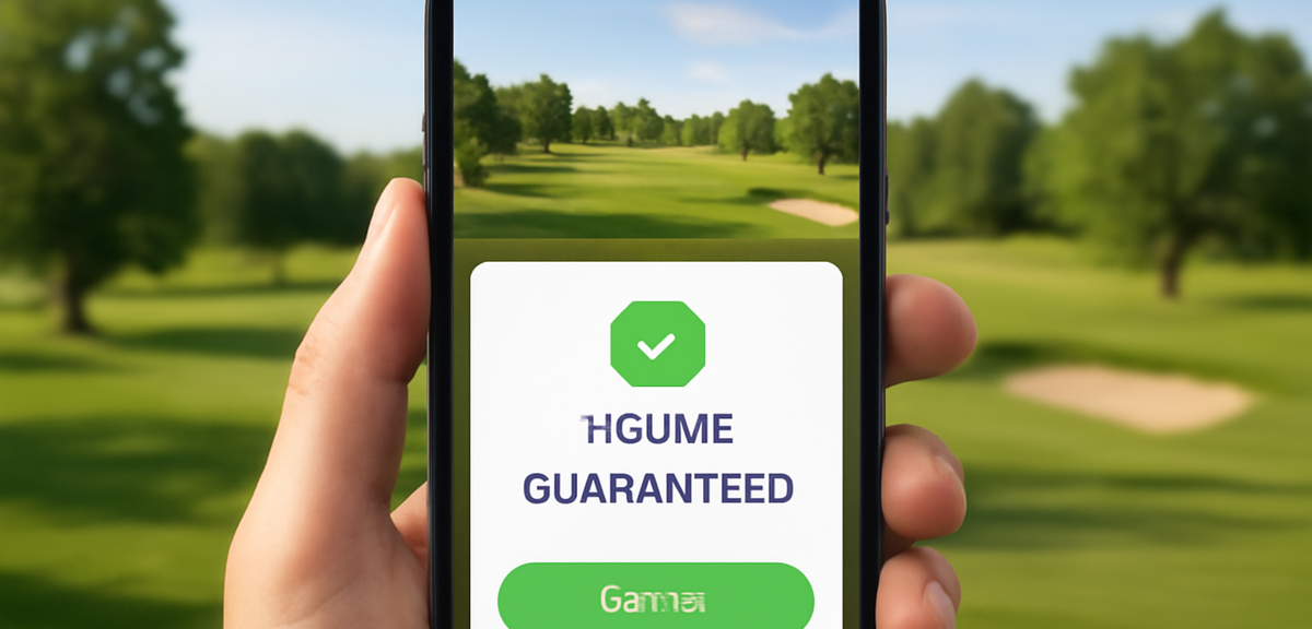A golf course reservation confirmation screen on a smartphone showing 2-some guaranteed booking, mod