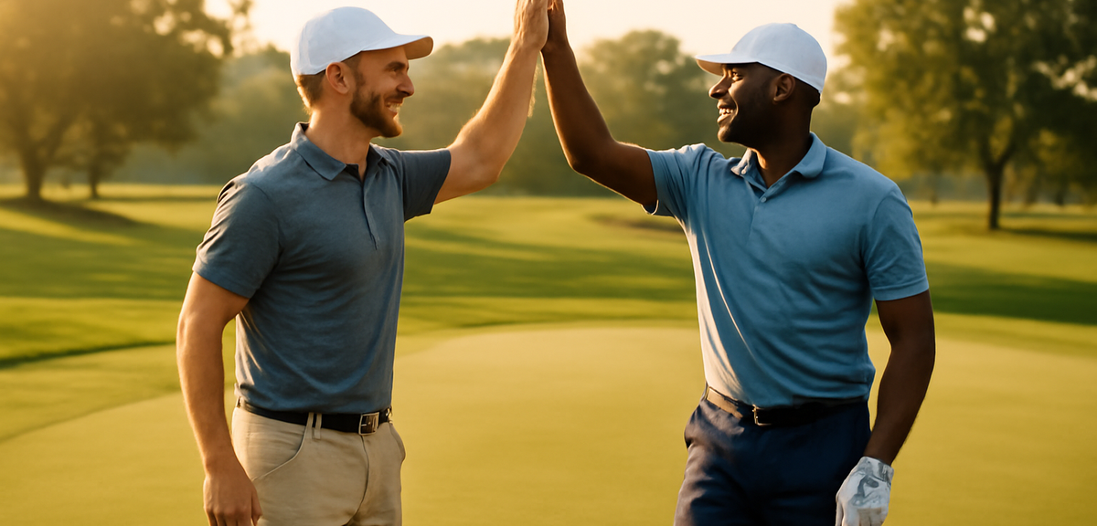 Two golfers giving high five on the green after a successful putt, celebratory moment, beautiful gol
