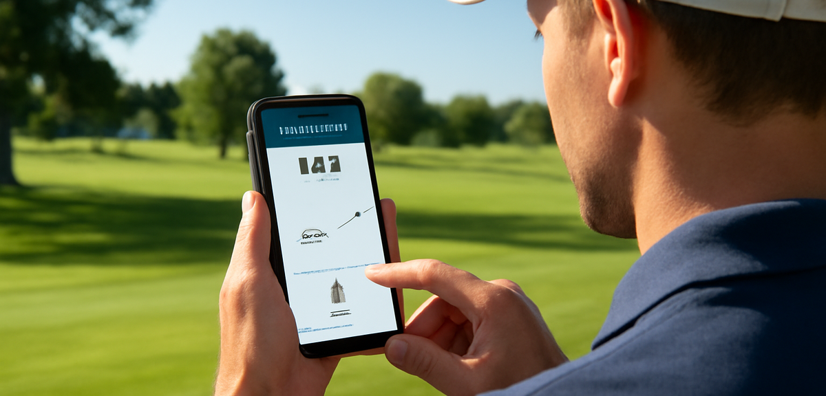 A golfer checking their handicap index on a smartphone app at a golf course, modern digital scorecar