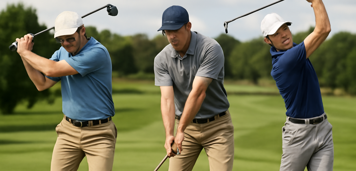 A split image showing three golfers at different skill levels - beginner struggling with swing, aver