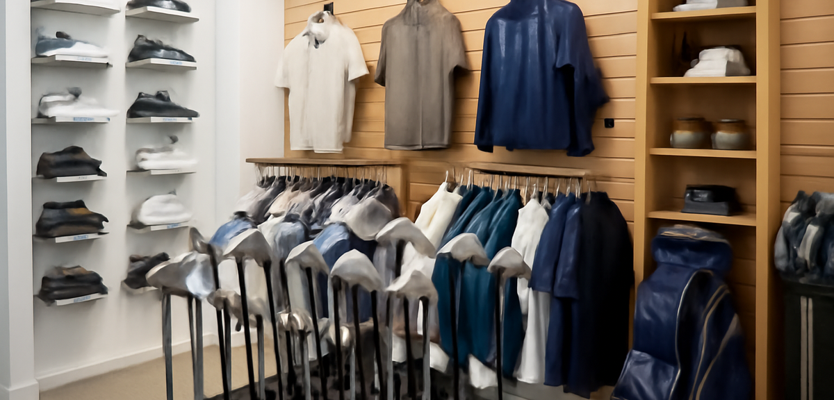 A golf shop interior showing various golf equipment including clubs, shoes, and apparel with price t