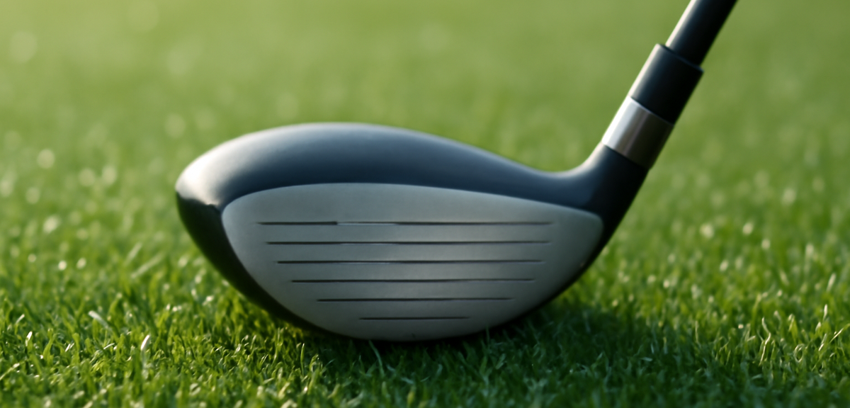 Close-up shot of fairway wood club head on green grass with morning dew, shallow depth of field, pro