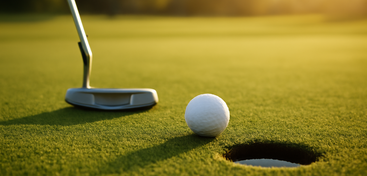 Professional photograph of a golf putter on putting green with golf ball near hole, late afternoon g