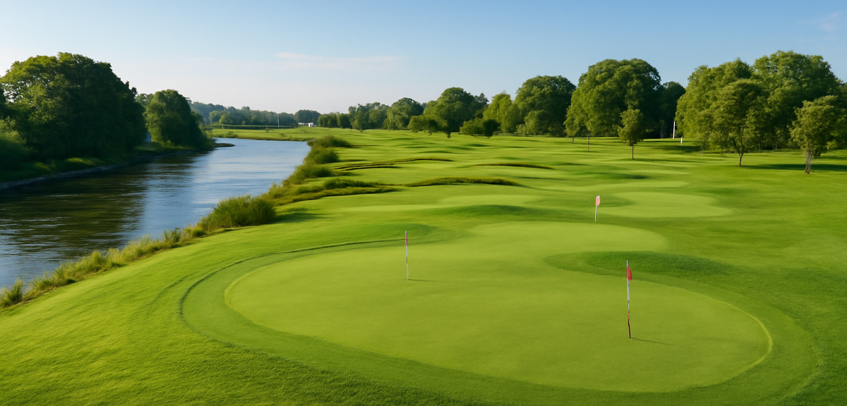 Scenic view of a compact nine-hole short golf course beside a river with several small greens and fl