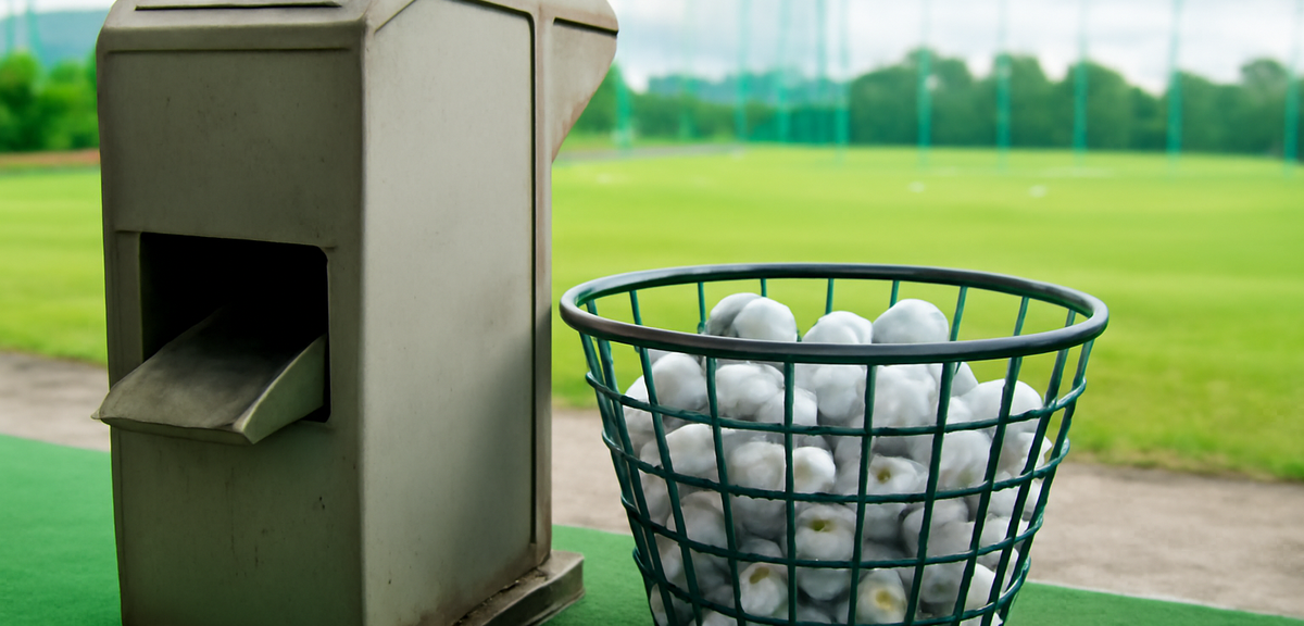 Close-up of a golf ball dispenser machine with a basket of range balls at a Japanese driving range,
