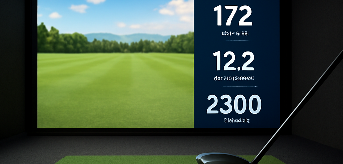 Golf simulator screen displaying ball speed, launch angle and spin rate data next to a driver on a h