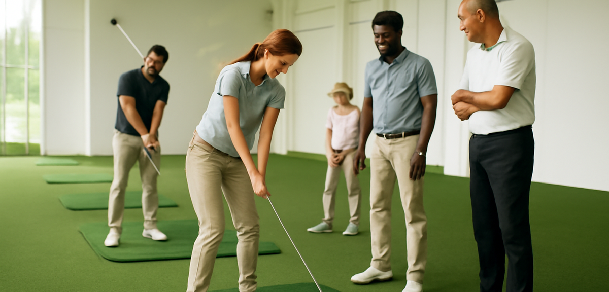 Small group golf lesson at an indoor practice facility with several students and a coach observing s