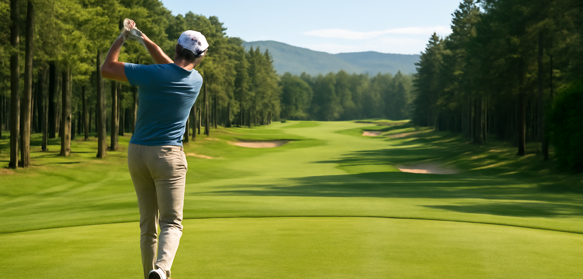 Golfer teeing off on a championship golf course hole lined with tall trees and strategic bunkers, hi