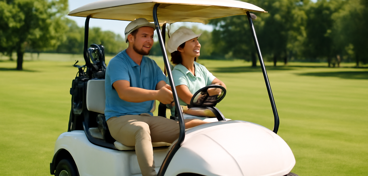 Beginner golfers riding a golf cart on a flat fairway at a public golf course, relaxed atmosphere, s