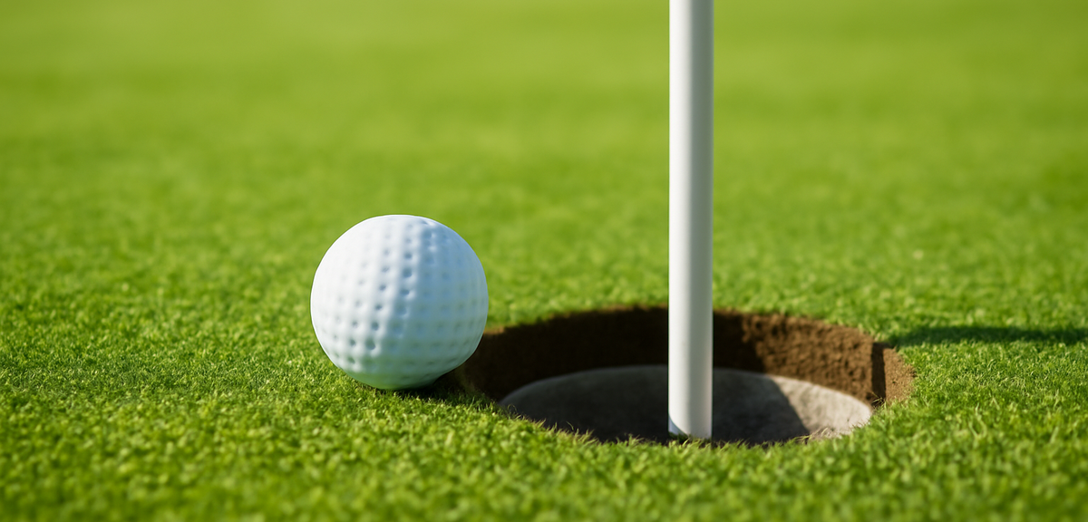 Golf ball dropping into the hole on a green with a flagstick, close-up view with grass texture, brig