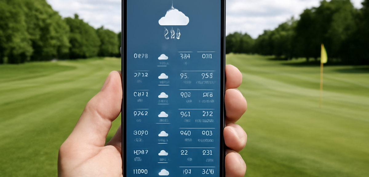 Smartphone showing a detailed hourly weather forecast with wind and rainfall data, held in front of
