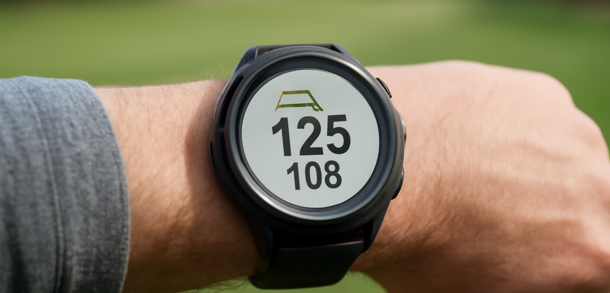 Close-up of a GPS golf watch on a wrist displaying distance to the green, blurred fairway background