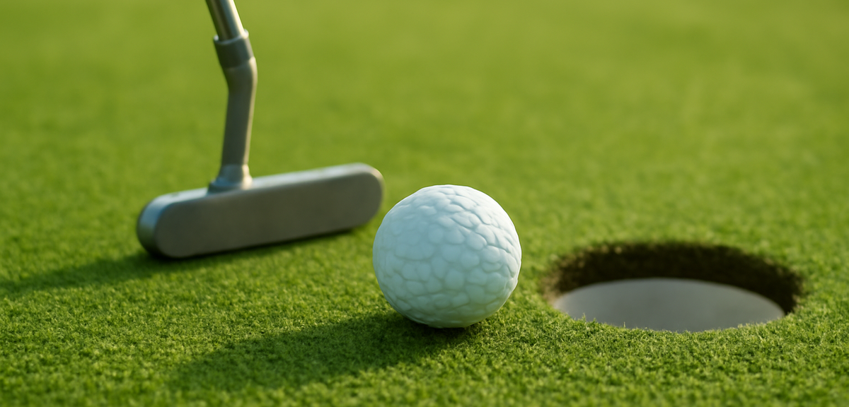 Golf ball sitting on the green close to the hole with a putter behind it, soft natural light, photor