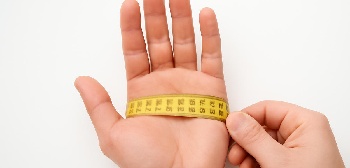 Measuring tape wrapped around an open palm to measure hand circumference, clean white background, ph