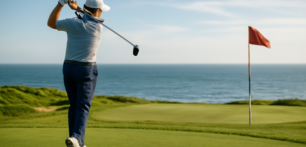 Golfer teeing off on a coastal course with the sea visible beyond the fairway, wind in the flag, pho