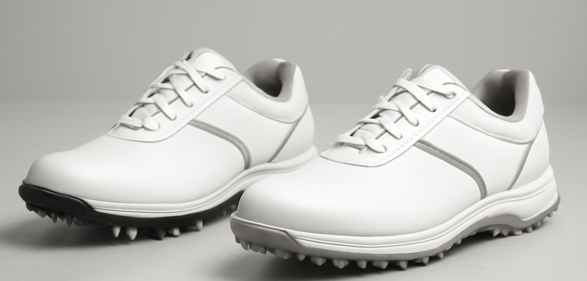 Two pairs of golf shoes side by side showing a spiked sole and a spikeless sole, studio lighting, ph
