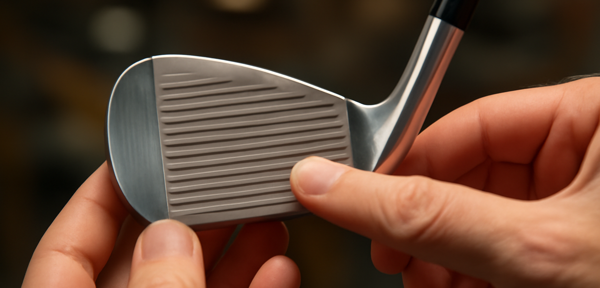 Close-up of a driver clubface being inspected by hand under shop lighting, detailed metal texture, p