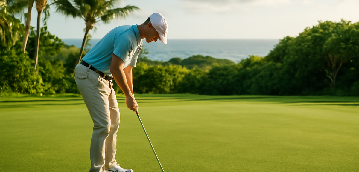 Golfer putting on a green with tropical vegetation in the background, Okinawa coastal light, photore