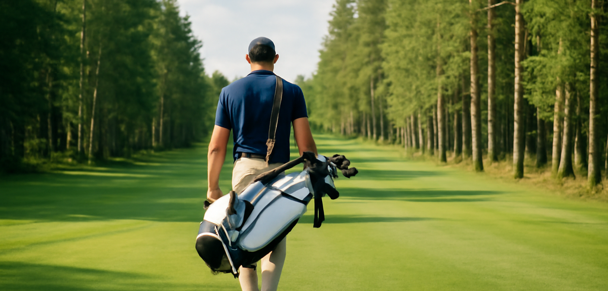 Golfer walking a flat tree-lined fairway with a caddie bag, northern forest scenery, photorealistic,