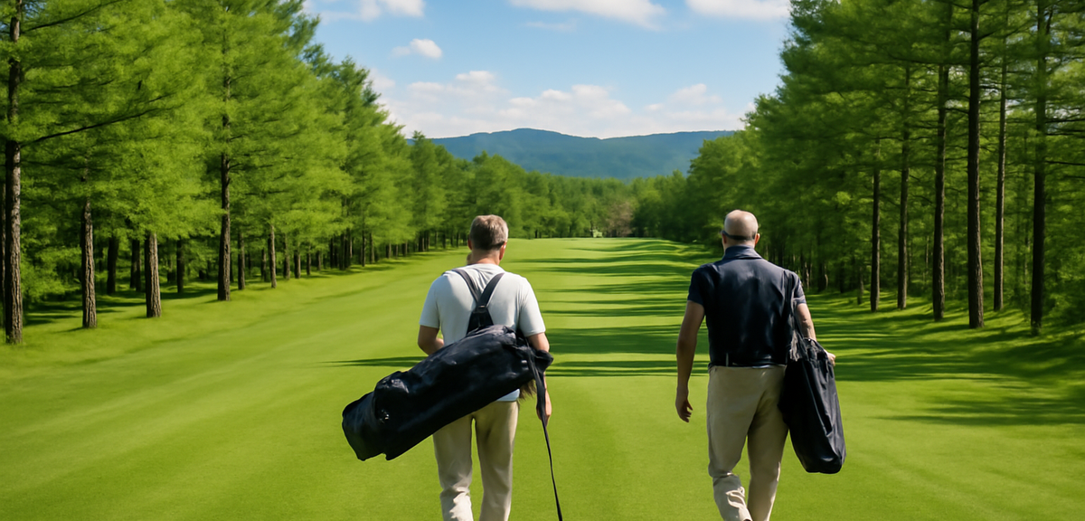 Golfers walking a highland fairway lined with larch trees in summer, Karuizawa scenery, photorealist