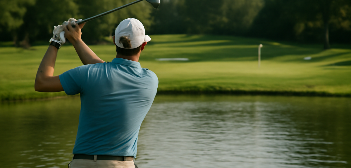 Golfer aiming over a water hazard toward a green, tense moment, photorealistic, no text