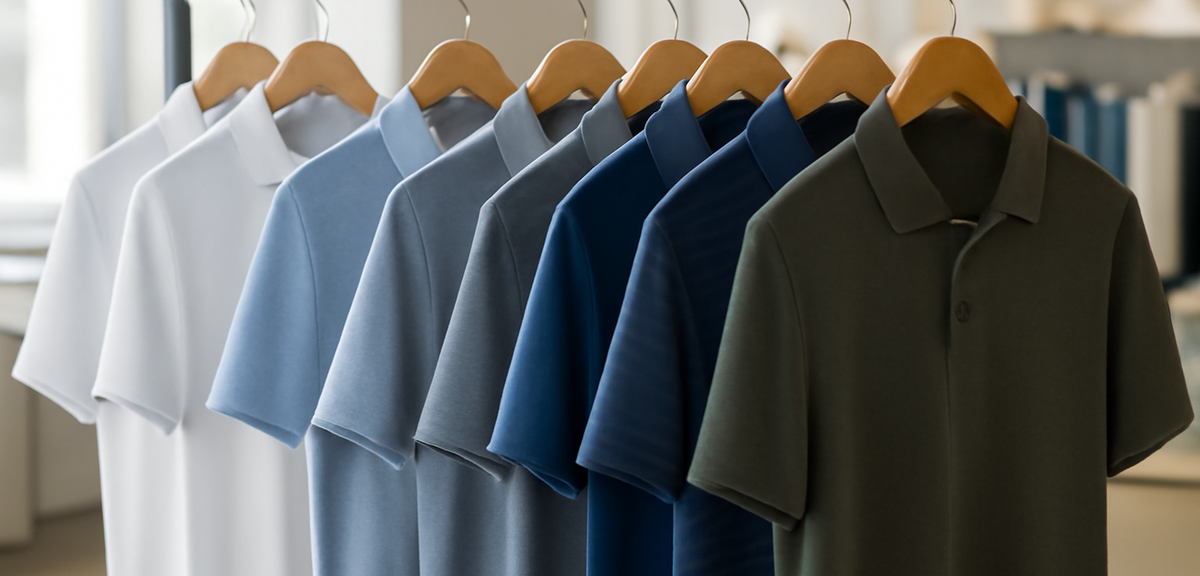 Golf polo shirts in different styles hanging on a rack in a bright retail store, photorealistic, no