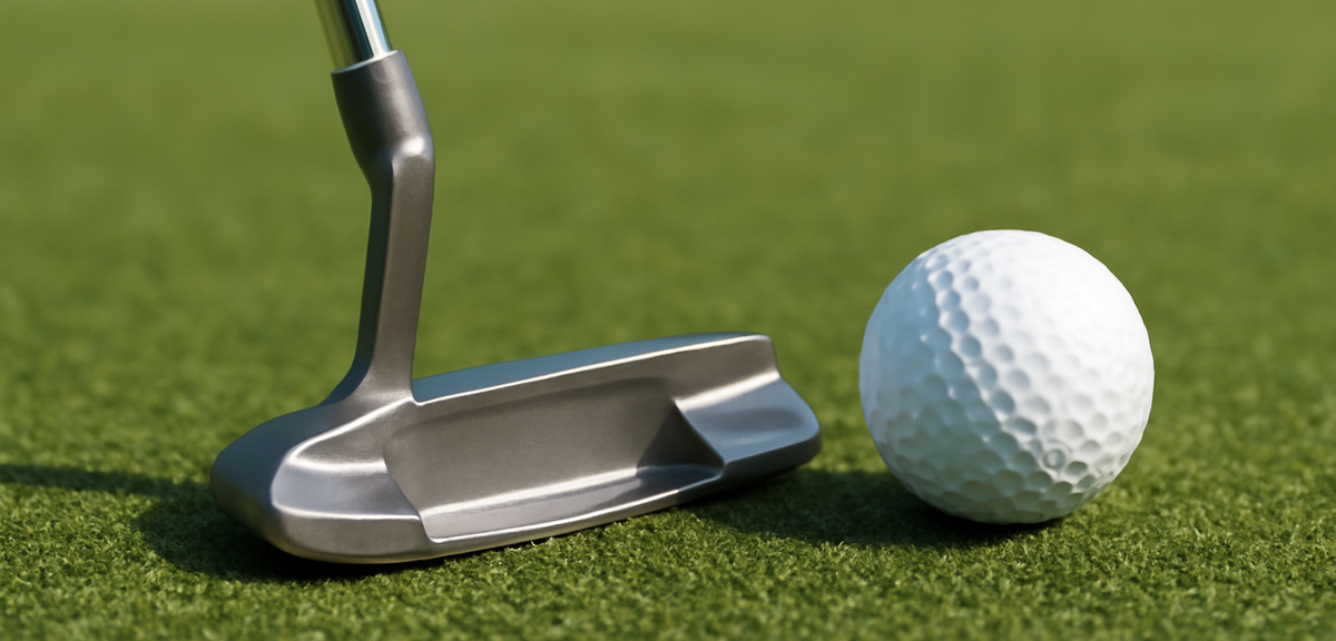 Blade style golf putter head resting on a green next to a golf ball, photorealistic, no text