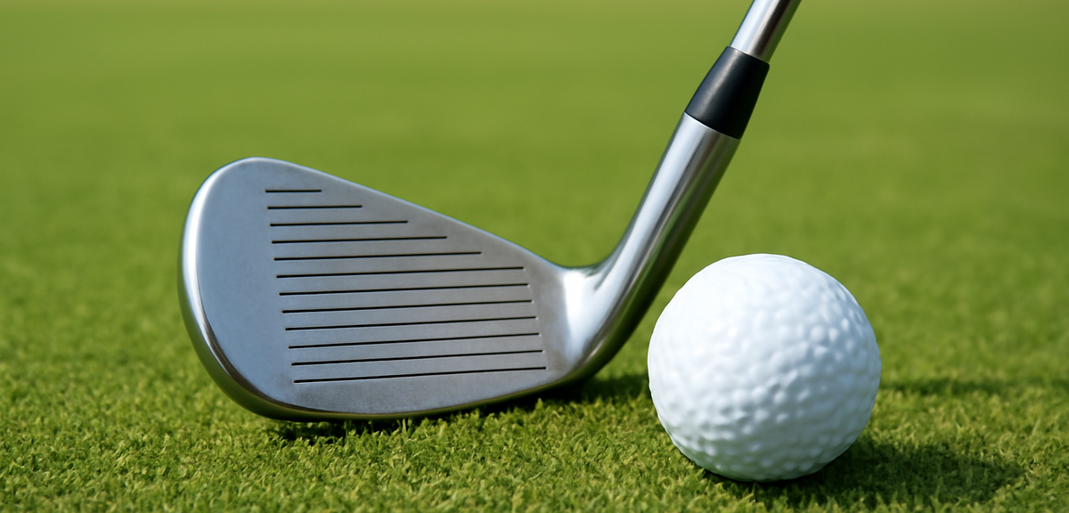Close-up of a golf club face at address on short grass near a green, photorealistic, no text
