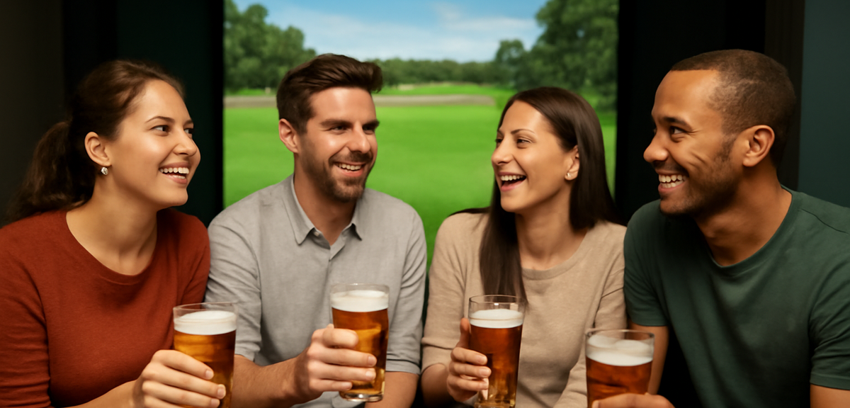 Group of friends enjoying drinks beside an indoor golf simulator screen, photorealistic, no text