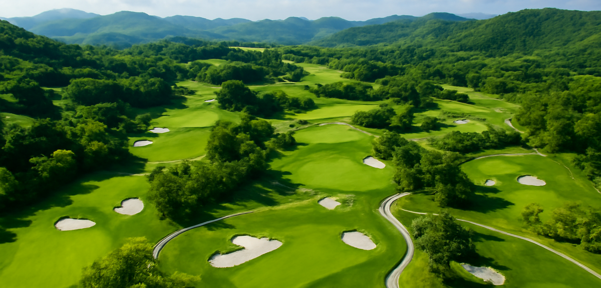 Aerial view of several golf courses spread across a hilly green landscape, photorealistic, no text