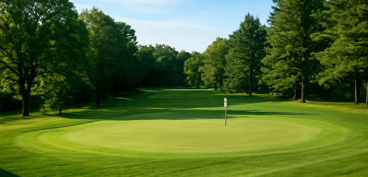 Golf course green surrounded by trees with an undulating fairway leading up to it, photorealistic, n