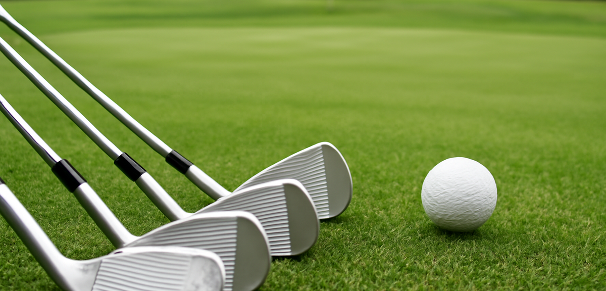 Golf wedges lined up on grass beside a golf ball near a green, photorealistic, no text