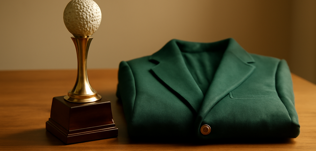 Golf trophy and a folded green blazer on a wooden table in warm light, photorealistic, no text