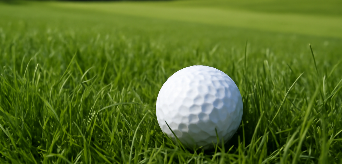 Golf ball sitting down in long thick rough beside a fairway, photorealistic, no text