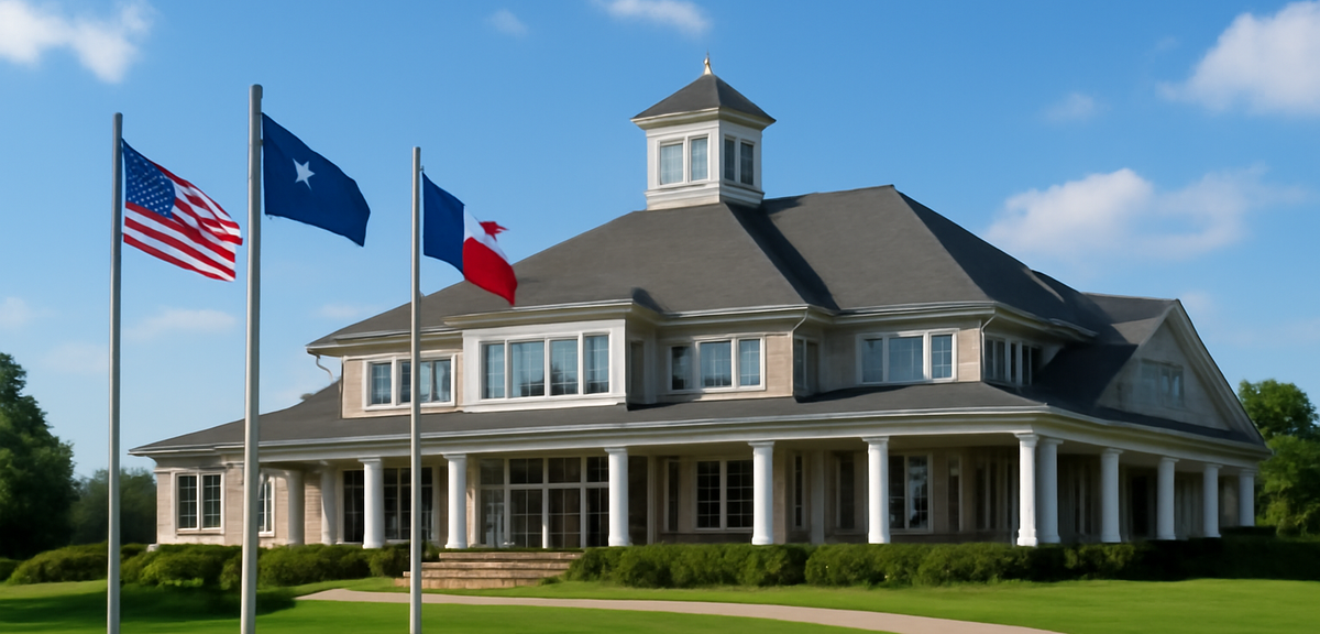 Golf clubhouse exterior with flags on a bright day, photorealistic, no text
