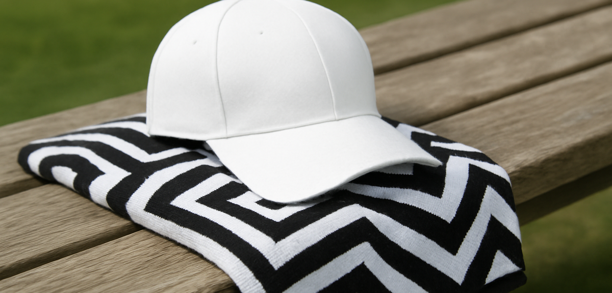 Golf cap and towel with bold graphic patterns laid on a bench, photorealistic, no text