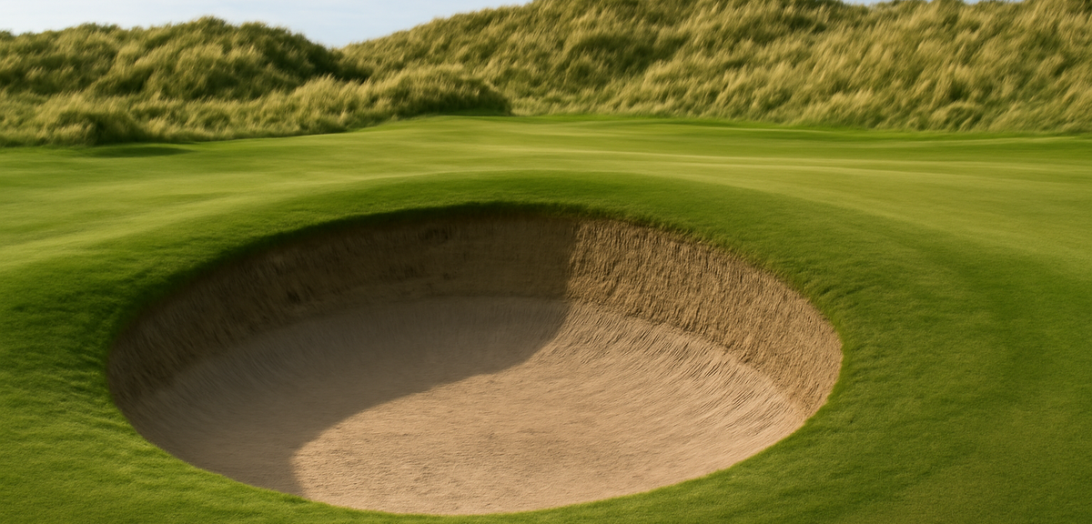 Deep revetted pot bunker on a links golf course with dune grass behind, photorealistic, no text