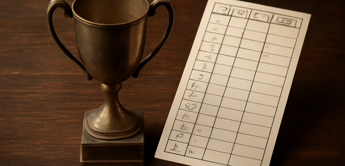 Vintage style golf trophy beside a scorecard on a dark wooden surface, photorealistic, no text