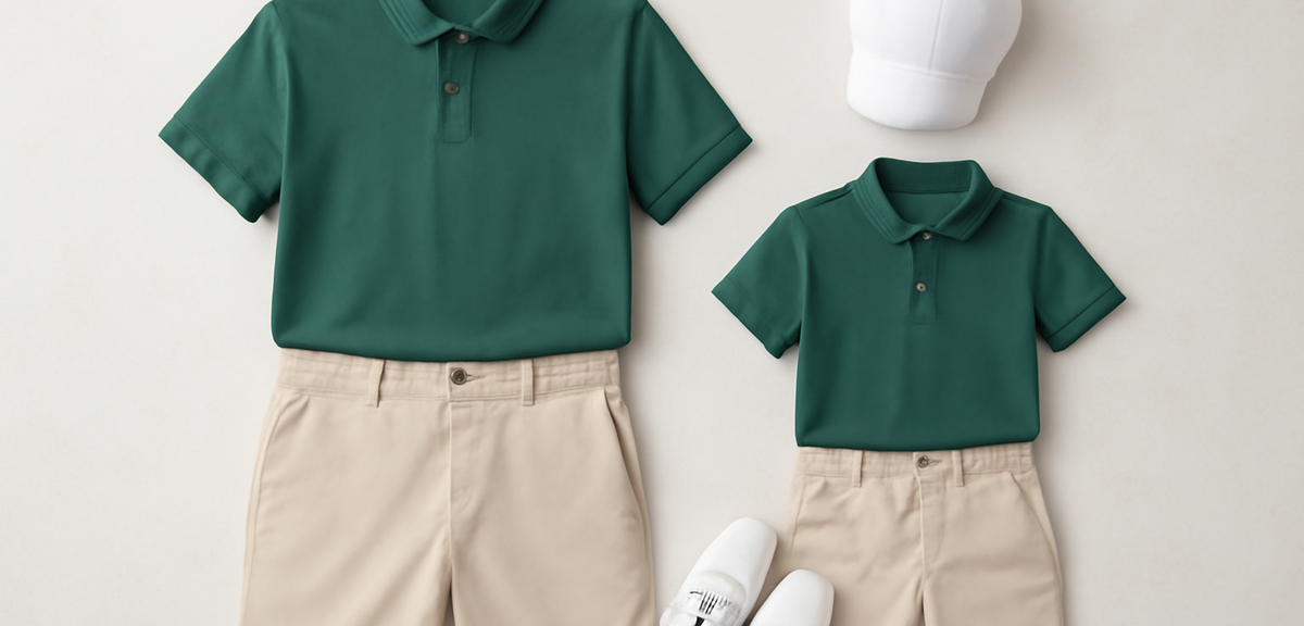 Parent and child golf outfits laid side by side on a light surface, photorealistic, no text