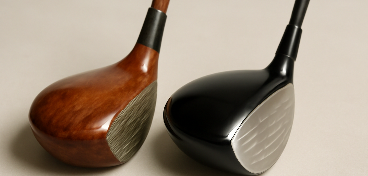 Vintage persimmon wood golf club head beside a modern metal driver, photorealistic, no text