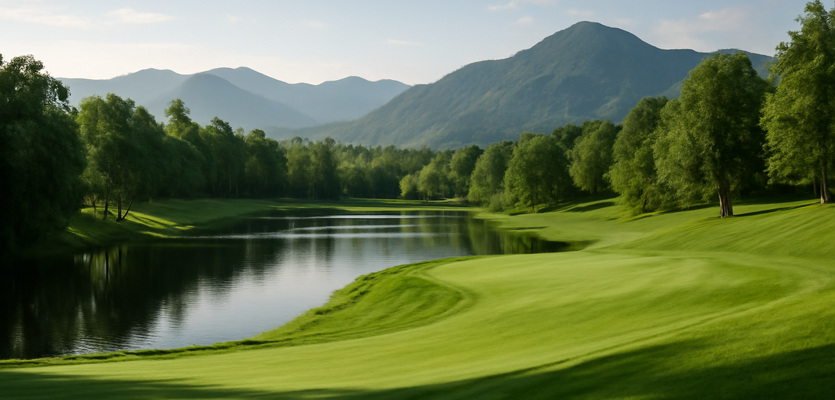 Golf fairway sloping down toward a pond with mountains in the background, photorealistic, no text