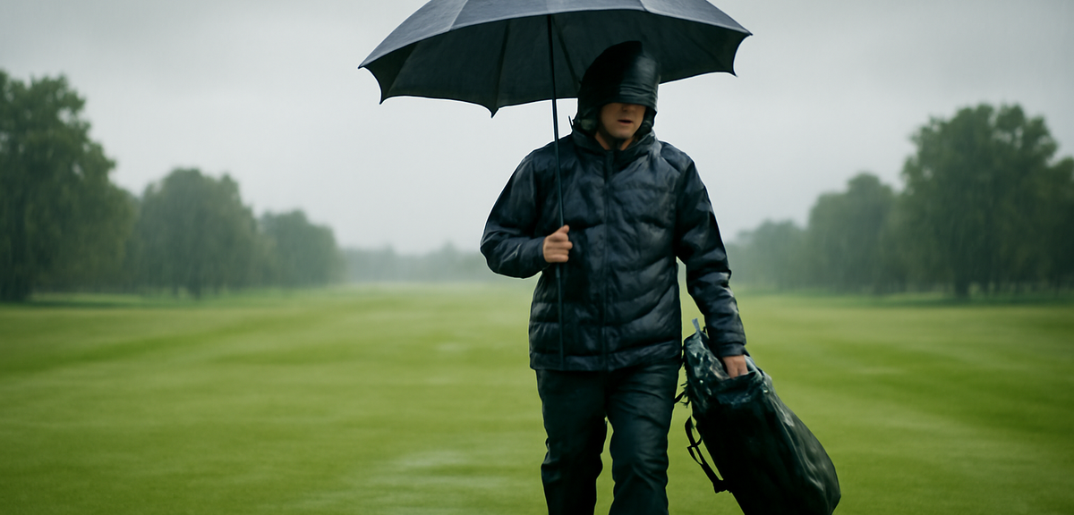 Golfer in rain gear walking on a wet fairway under grey sky, photorealistic, no text