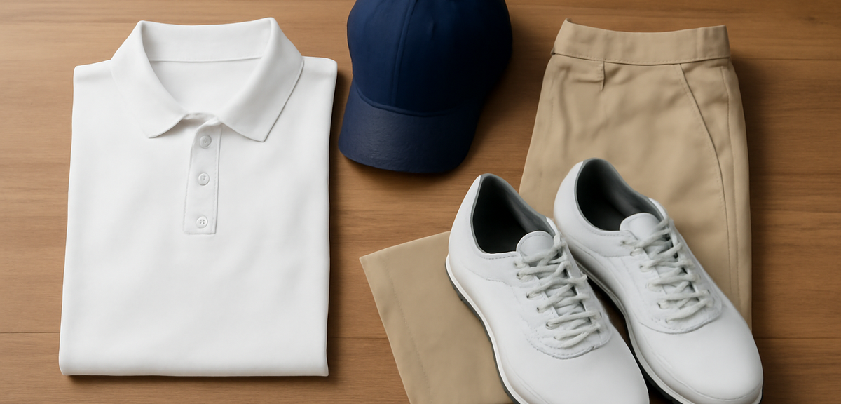 Golf apparel and shoes displayed together on a clean wooden surface, photorealistic, no text