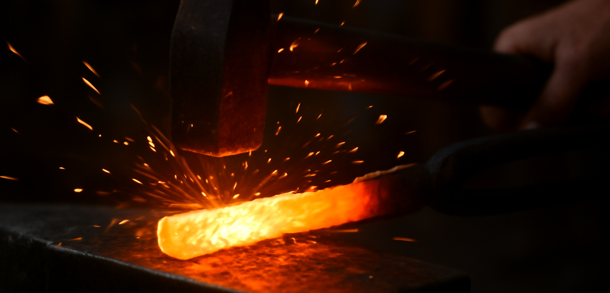 Glowing hot metal bar being shaped in a forge with sparks, photorealistic, no text